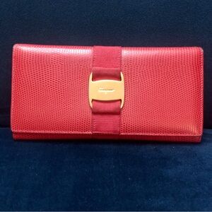 Red Salvatore Ferragamo Vala Embossed Leather Long Wallet